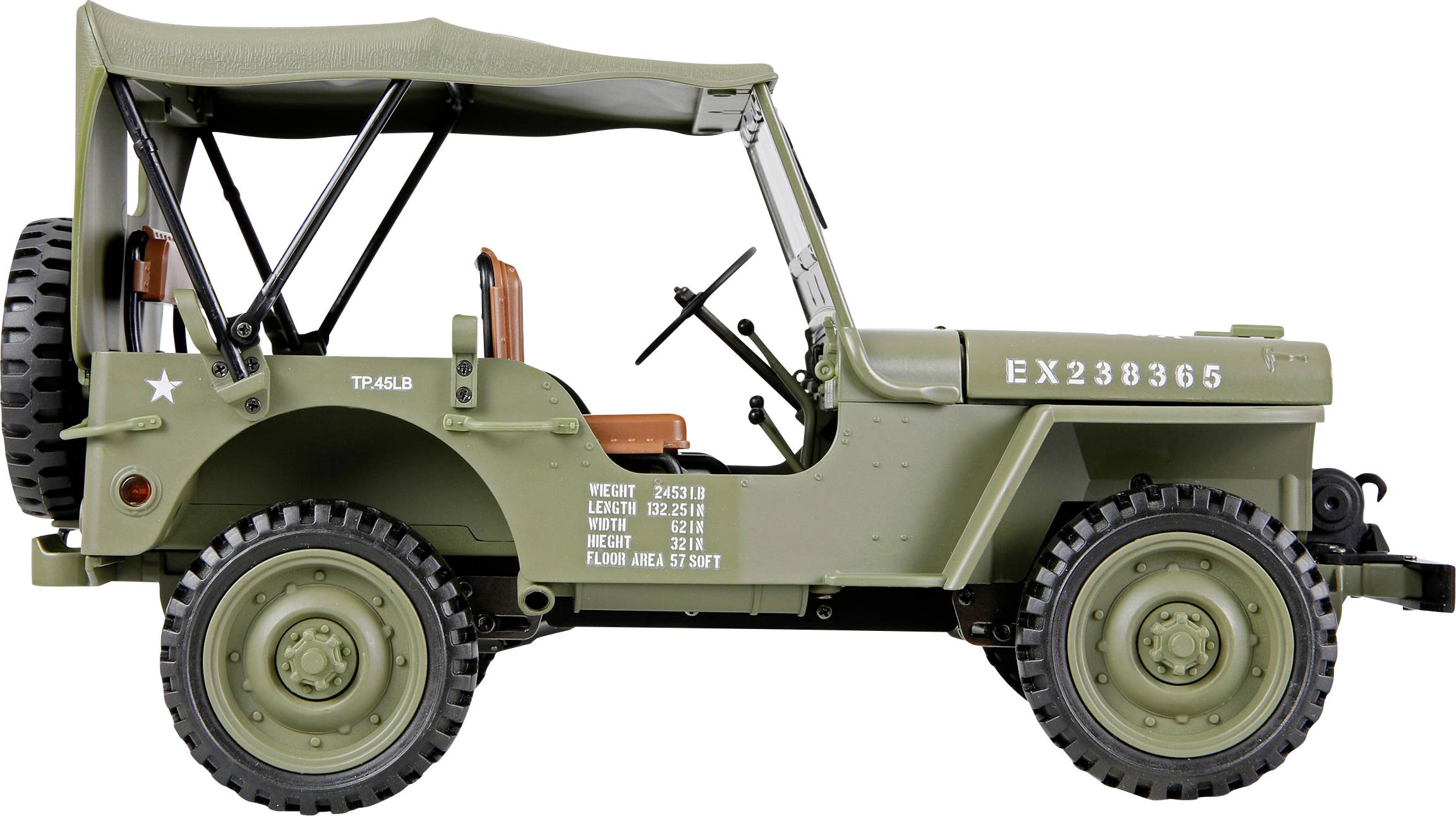 Katonai terepjáró oldalról nézve, olíva zöld színben, 'EX238365' felirattal, súlyát és méreteit feltüntetve, pótkerék a hátsó részén felszerelve.