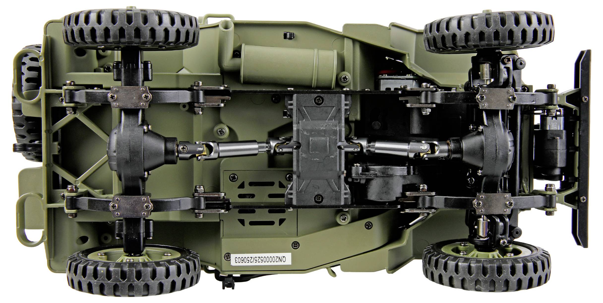 Egy zöld játék Jeep alváza, amely részletesen mutatja a felfüggesztést, tengelyeket és kerekeket, kiemelve realisztikus felépítését.