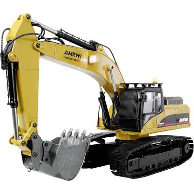 Sárga játék kotrógép modell fekete lánctalpakkal és részletesen kidolgozott kabinnal, 'AMEWI' felirattal, construction játékforgatókönyvekhez tervezve.