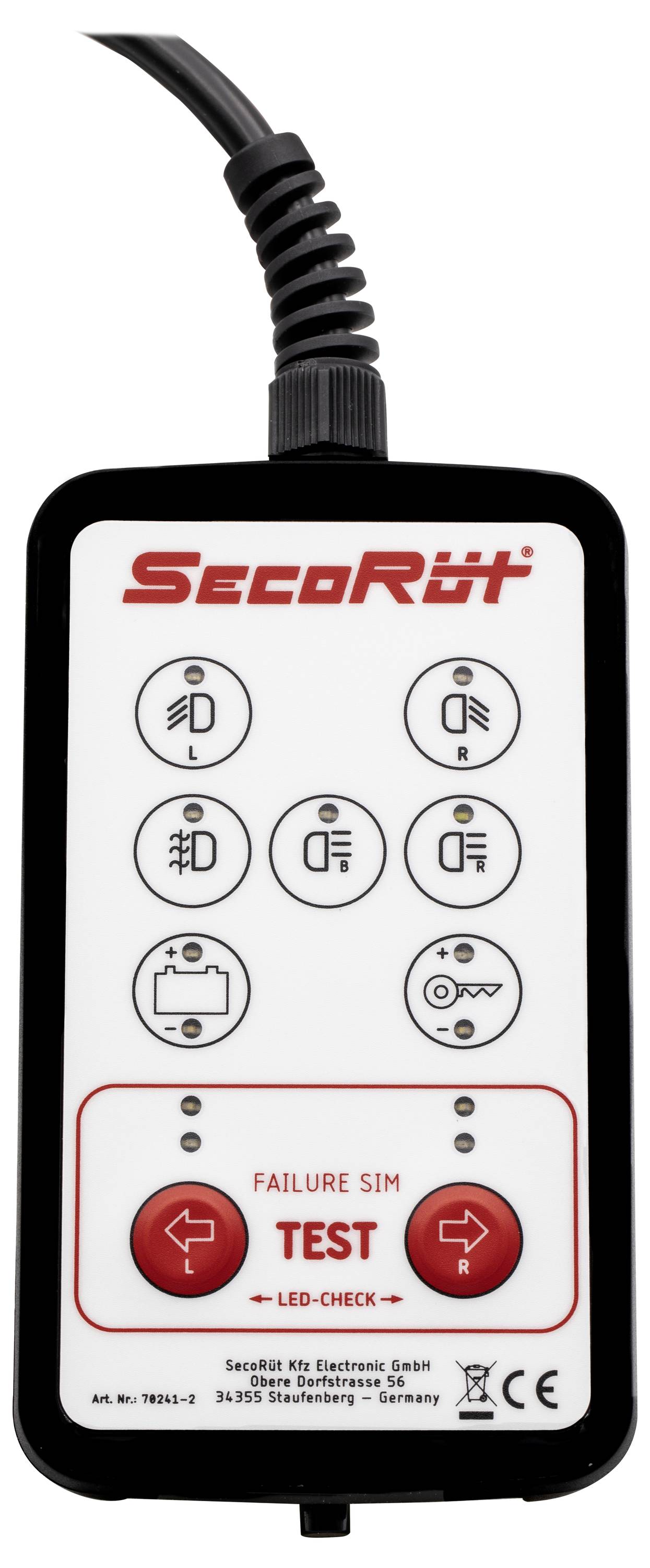 'Kézi eszköz tűzbiztonsági rendszer teszteléséhez, TEST és LED-CHECK opciókkal, valamint különféle tűzriasztás ikonokkal.'