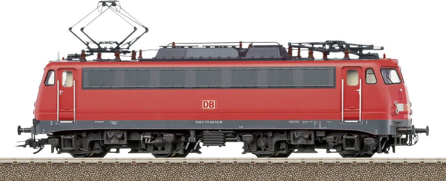 Egy oldalnézetben látható vörös elektromos vonat, felső áramszedővel és kerekekkel, az oldalán "DB" felirattal, egy sínpályán elhelyezve.