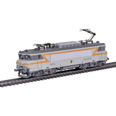 Francia SNCF elektromos mozdony modellje vasúti síneken, narancssárga és szürke színekkel, látható áramszedővel és részletekkel.
