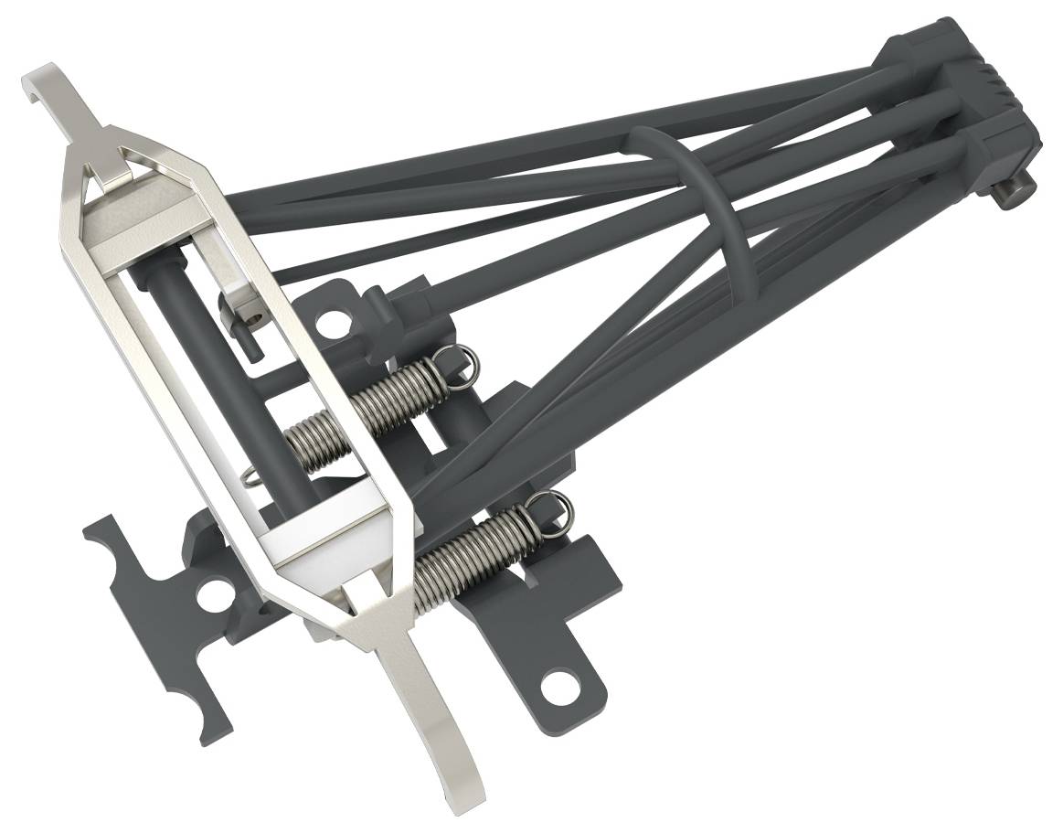 Egy fém és műanyag mechanikai szerkezet rugókkal és forgócsapokkal, amely valószínűleg egy nagyobb szerkezet vagy gépezet része, fehér háttér előtt ábrázolva.