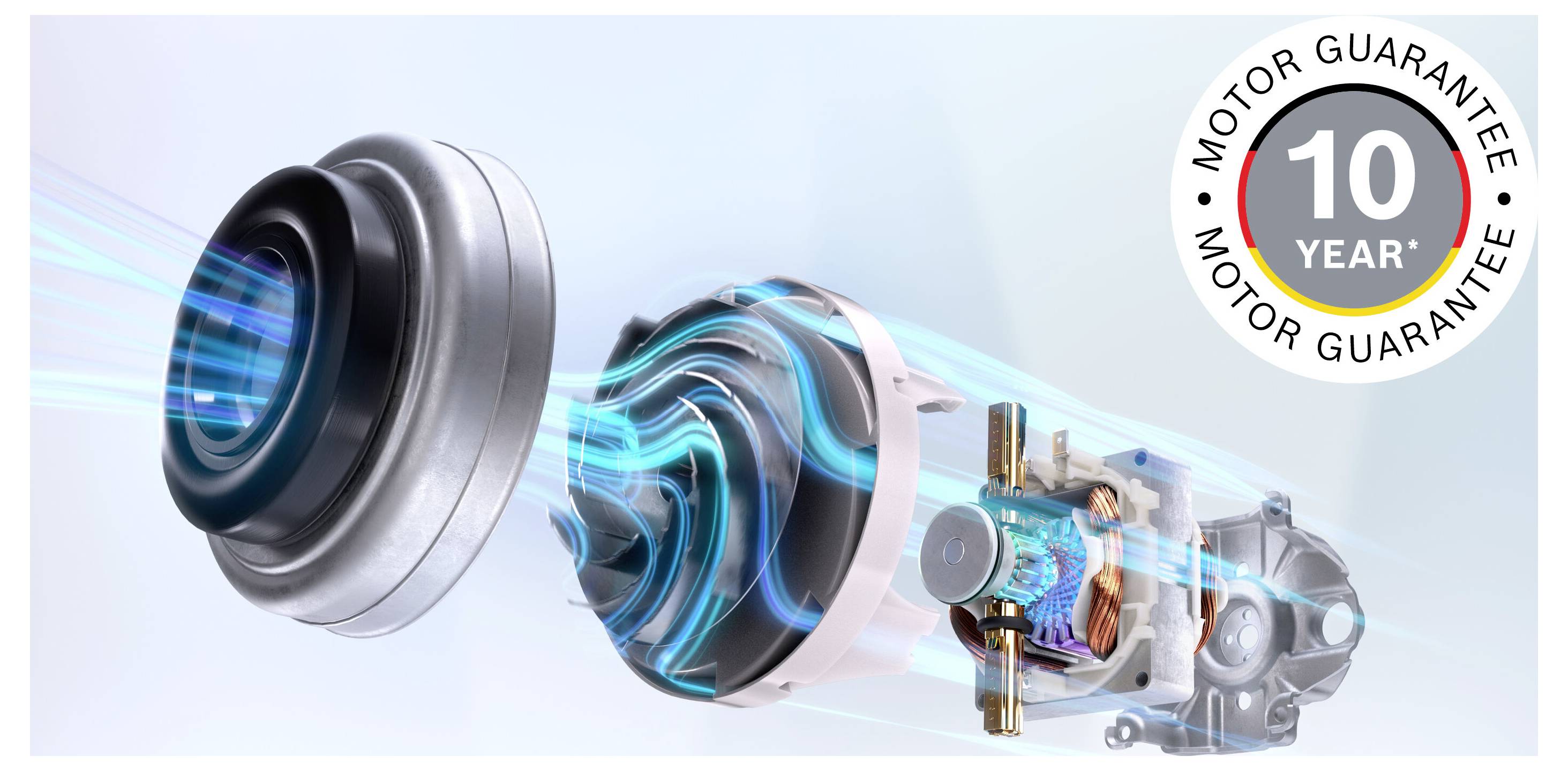 Egy motor képe, amelyen kiemelik a légáramlást, jobb felső sarokban egy '10 éves motor garancia' jelvénnyel.