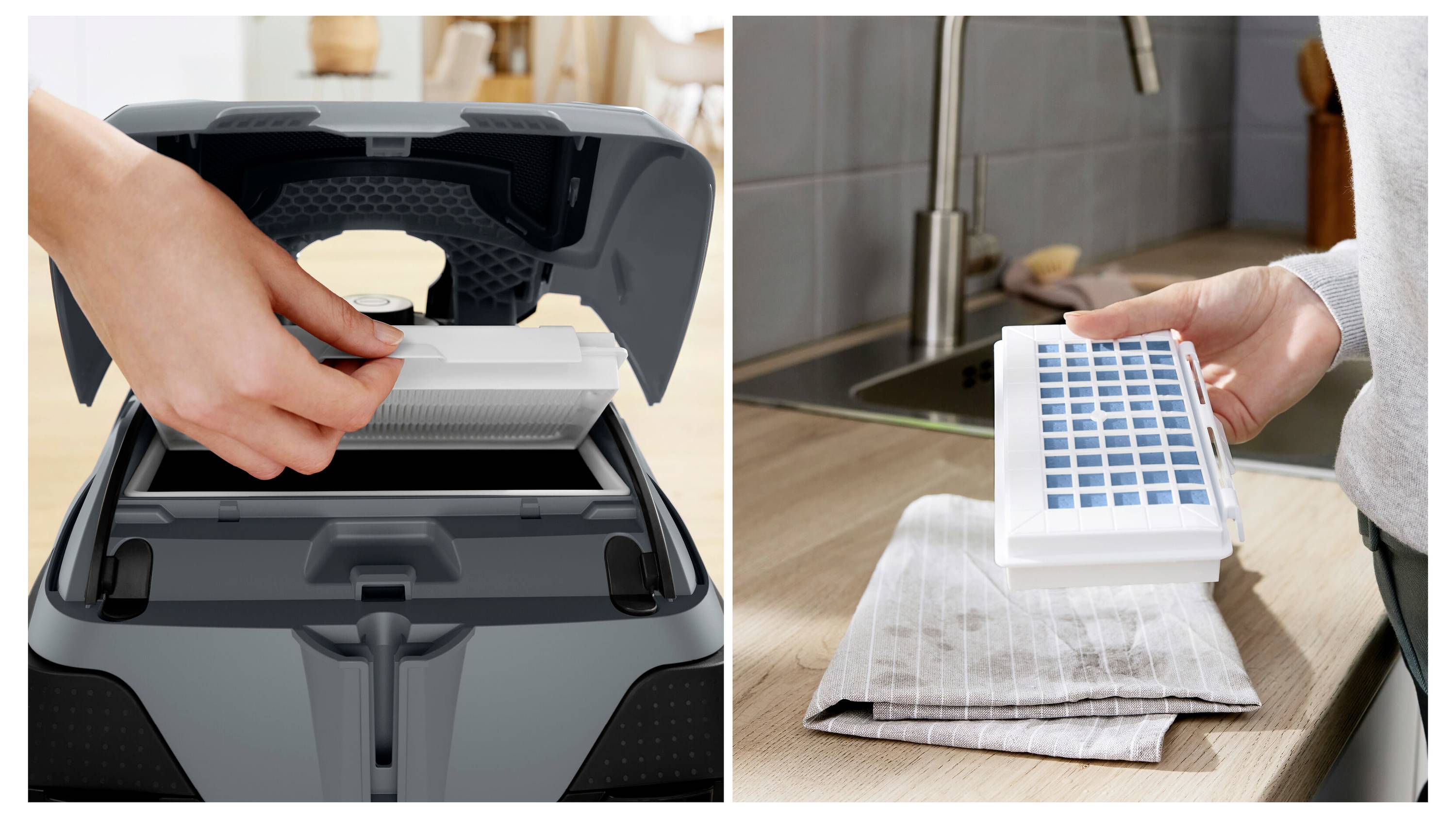 Bal oldal: Személy közelképe, amint egy szűrőt helyez be egy porszívóba. Jobb oldal: Személy, aki egy másik szűrőt tart egy konyhában egy ruhadarab fölött.