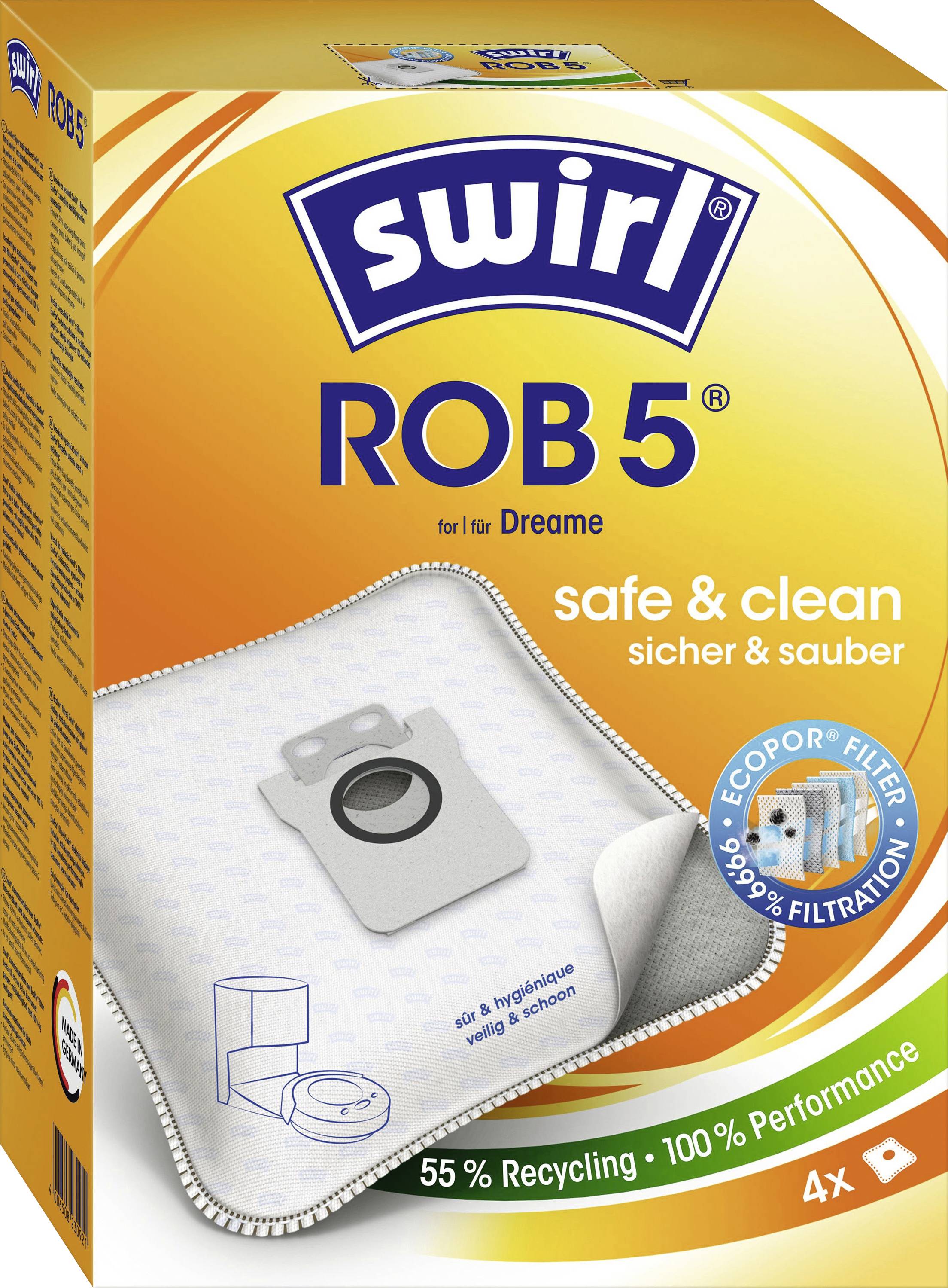 A 'Swirl ROB 5' porszívótáskák csomagolása, amely kiemeli a 55%-os újrahasznosítást, 100%-os teljesítményt és 99,9%-os szűrési hatékonyságot.
