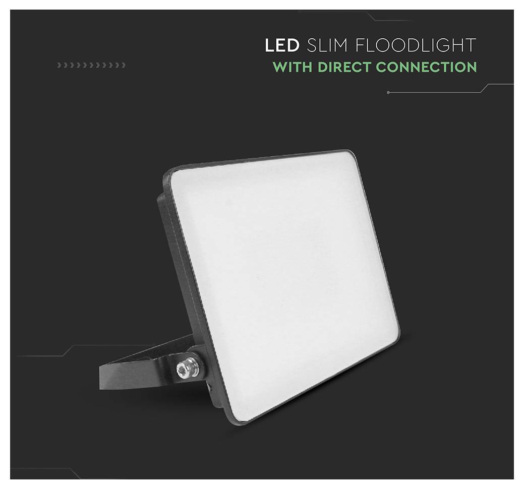 Sötét háttéren „Vékony LED reflektor közvetlen csatlakozással", amely bemutatja a termék karcsú kialakítását és döntött tartókonzolját.