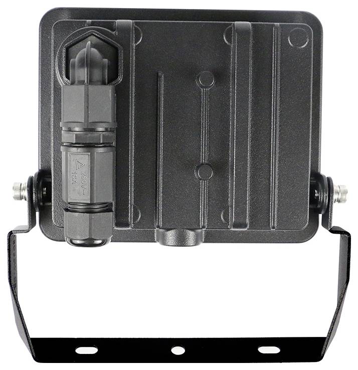 Egy fekete ipari alkatrész bordázott felülettel és rögzítő konzollal, amelynek bal oldalán egy nagy csatlakozó található.