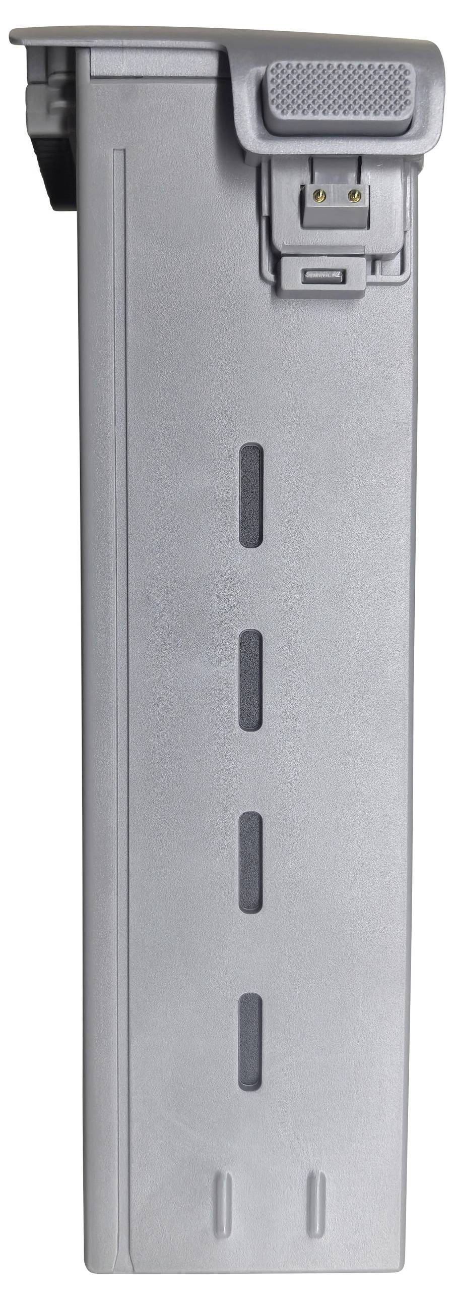 Egy szürke, téglalap alakú műanyag akkumulátortartó, amelynek tetején klipsz és az oldalán szellőzőnyílások találhatók.