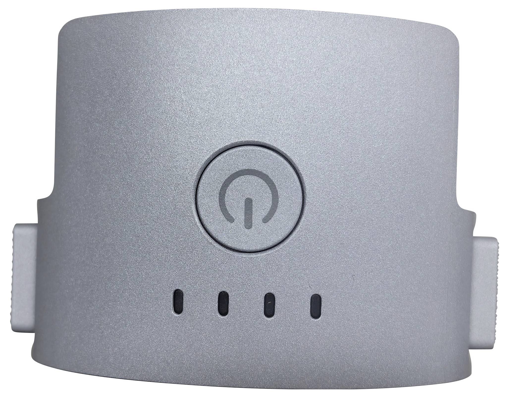 Egy szürke eszköz tápellátás szimbólummal és négy függőleges nyílással alatta, amely lehetséges funkcionalitásra vagy állapotjelzőkre utal.