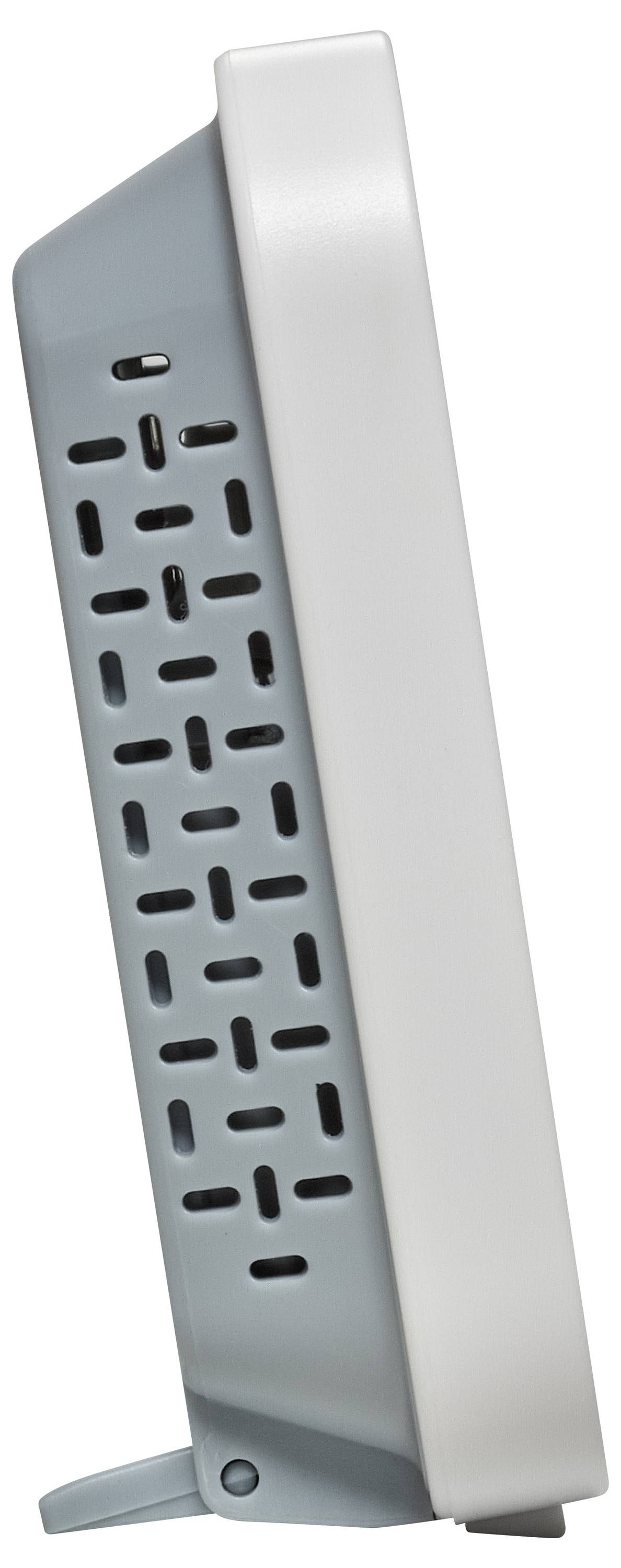 Egy fehér és szürke oldalról látható téglalap alakú elektronikai eszköz, szellőzőráccsal ellátott panellel, amely valószínűleg egy légtisztító vagy fűtőkészülék, egy állványon.