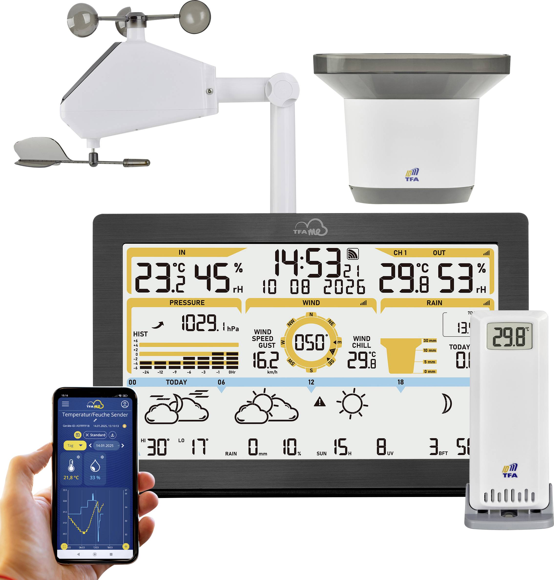 TFA Dostmann TFA.me ID-05 35.8106.01 WLAN időjárásjelző állomás Előrejelzés 4 napos Érzékelők száma (max.) 50