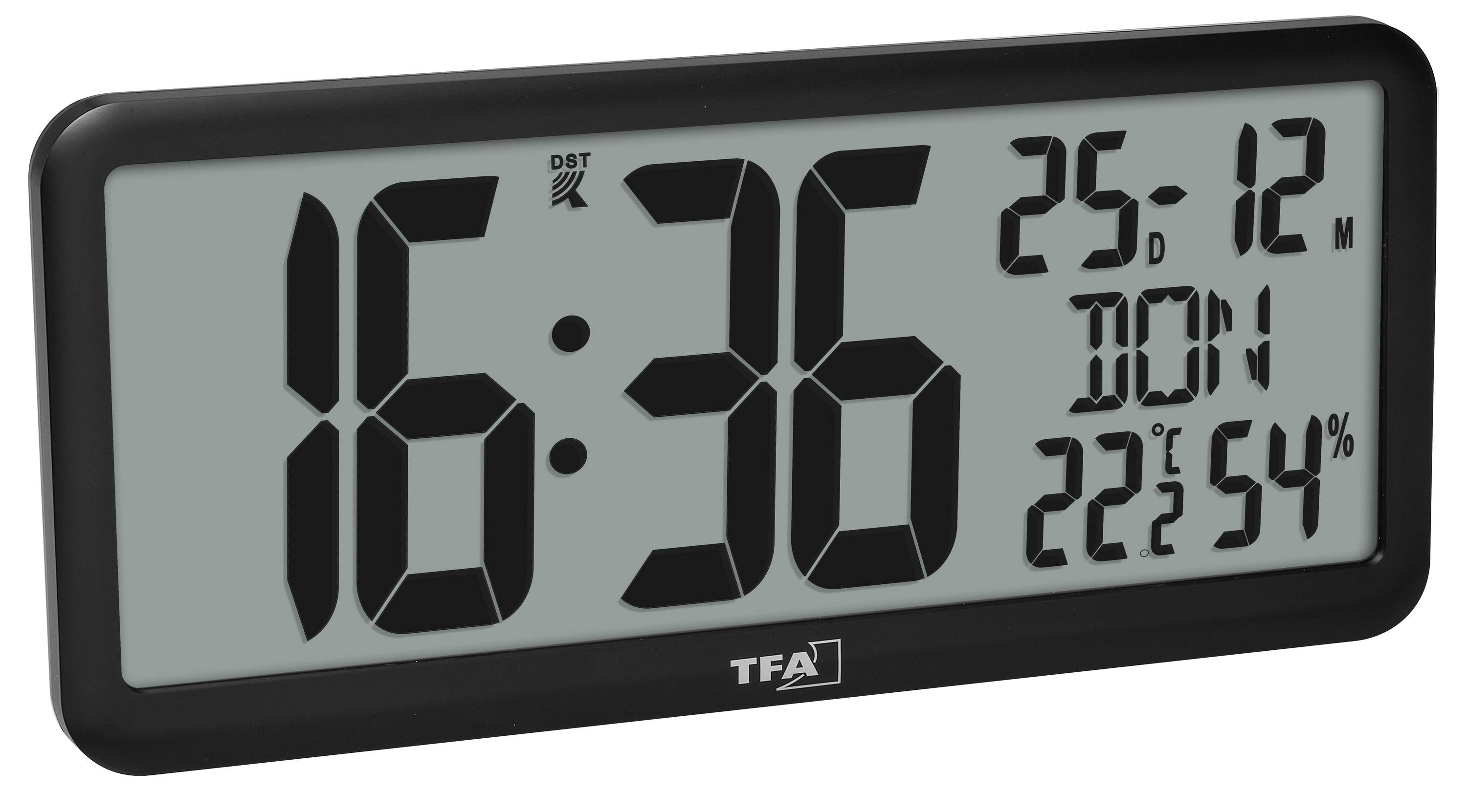 Digitális fali óra kijelzője: '16:36', '25' (nap), '12' (hónap), 'HÉ' (hét napja), hőmérséklet '22.6°', páratartalom '54%'.