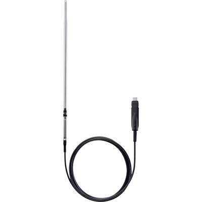 Egy hosszú fémből készült hőmérséklet-mérő szonda fekete kábellel ellátva. A másik végén USB-csatlakozó található, amelyet hőmérsékletek mérésére és figyelésére használnak.