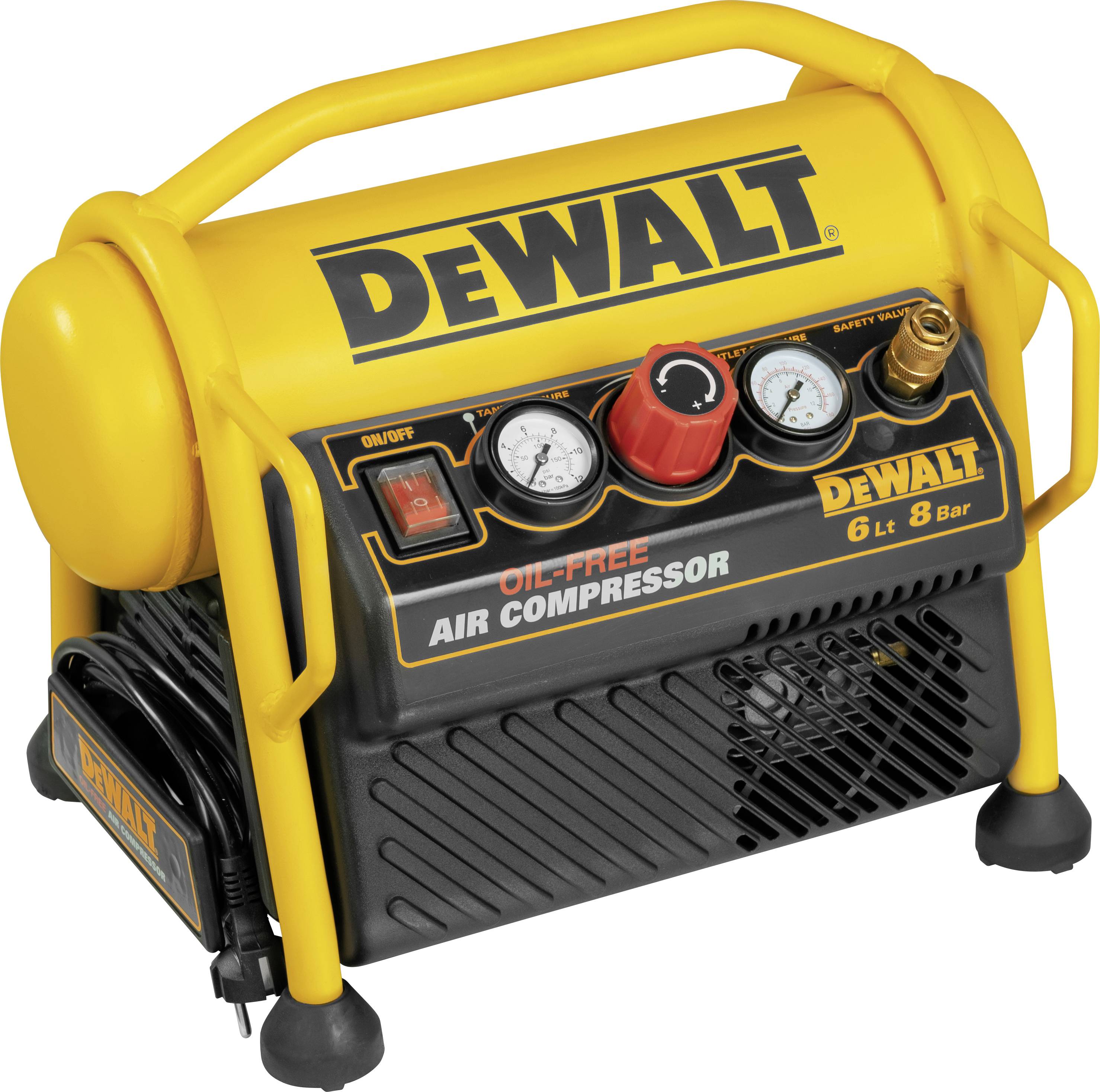 Sárga DeWalt olajmentes légkompresszor, 6L kapacitás, 8 bar nyomás. Tartalmazza az előlapra szerelt nyomásmérőket és vezérlőelemeket.
