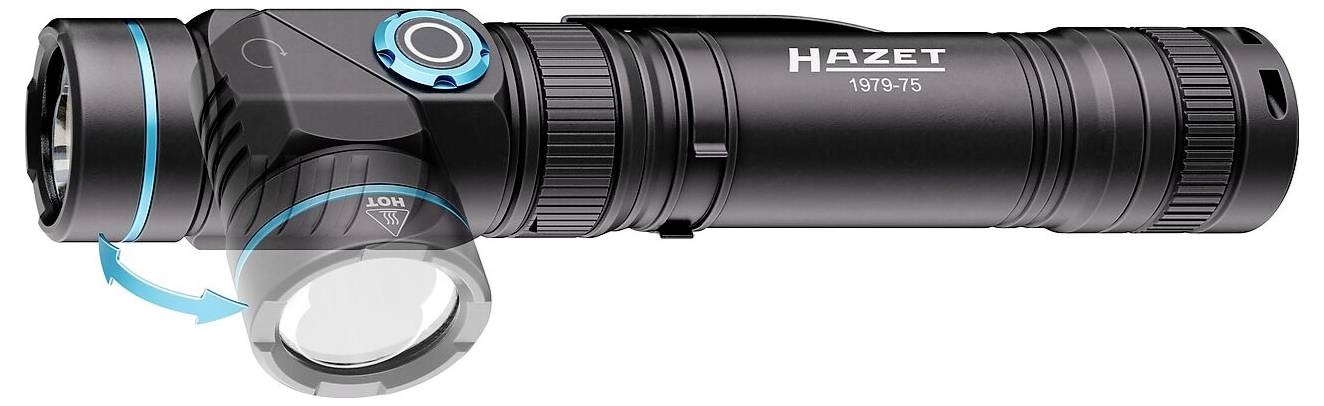 Egy fekete zseblámpa, amelyen az oldalán 'HAZET 1979-75' felirat látható, állítható szögű objektívvel, amelyet egy kék nyíl jelez, jelezve a forgathatóság képességét.