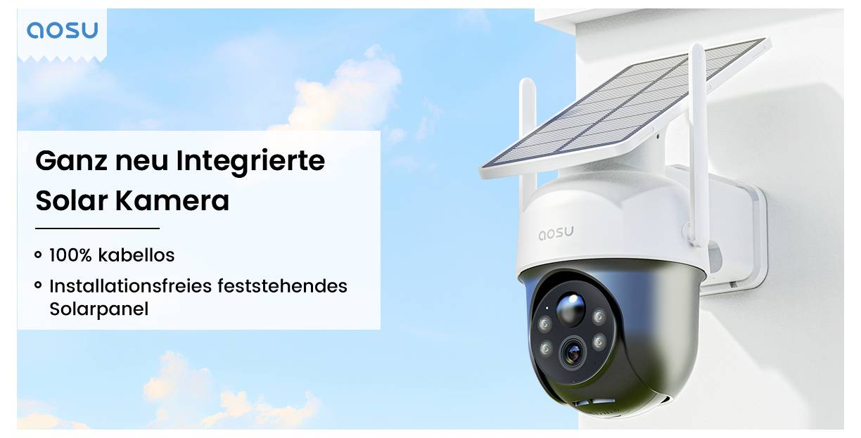 Egy napelemes biztonsági kamera, amelynek tetején napelemtábla van, egy falra szerelve. A szöveg kiemeli a "teljesen vezeték nélküli" jellemzőjét.