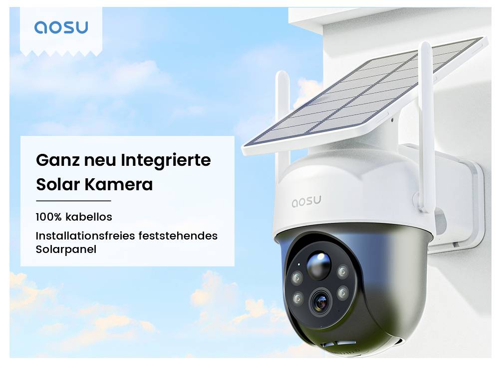 Egy napelemes biztonsági kamera, amely két antennával és a tetején elhelyezett napelemmel van felszerelve, egy falra van rögzítve. Német szöveg emeli ki annak jellemzőit.