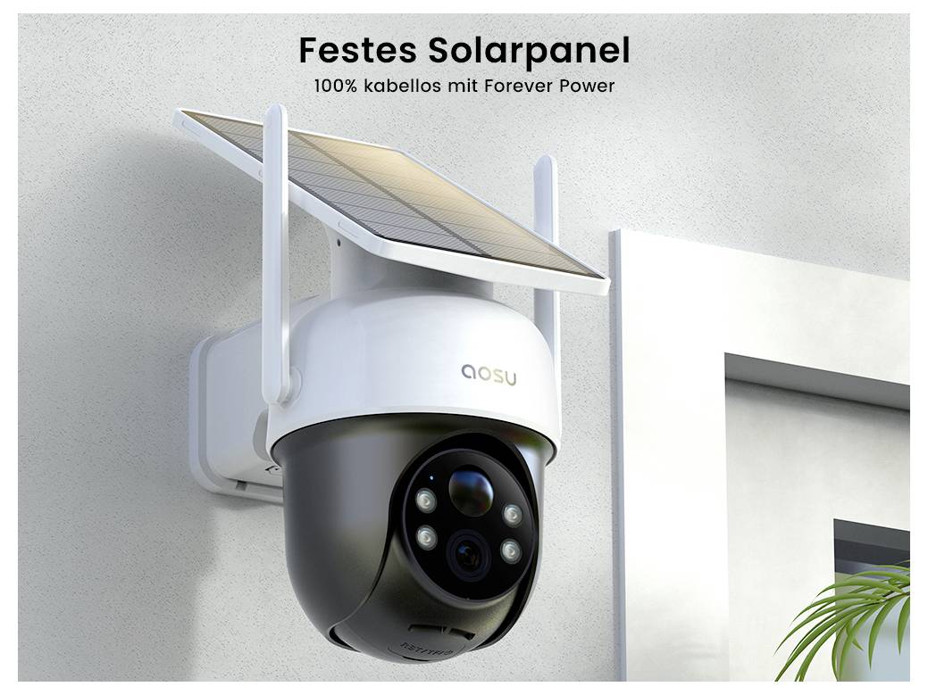 Napelemes biztonsági kamera fali rögzítéssel, állítható napelemmel. Szöveg: Rögzített napelem; 100%-ban vezeték nélküli, örök energiával.
