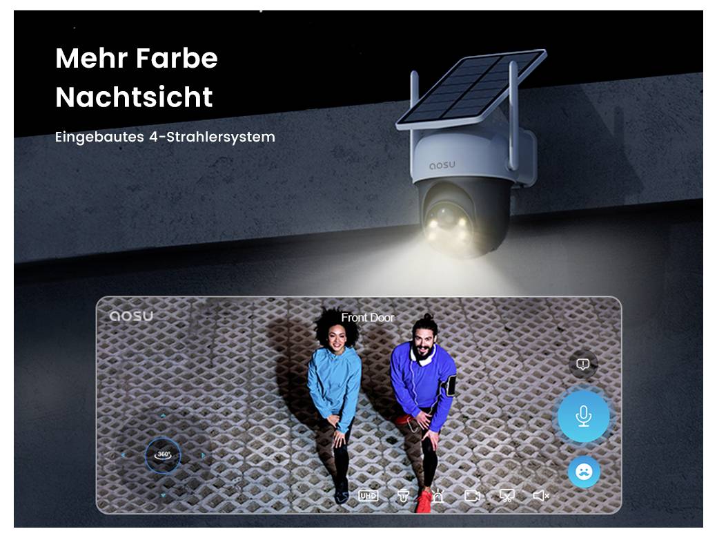 Egy napelemes biztonsági kamera éjszakai felvételt rögzít, amely két embert mutat egy mintázatos felületen, kiemelve a fejlett éjjellátó képességet.