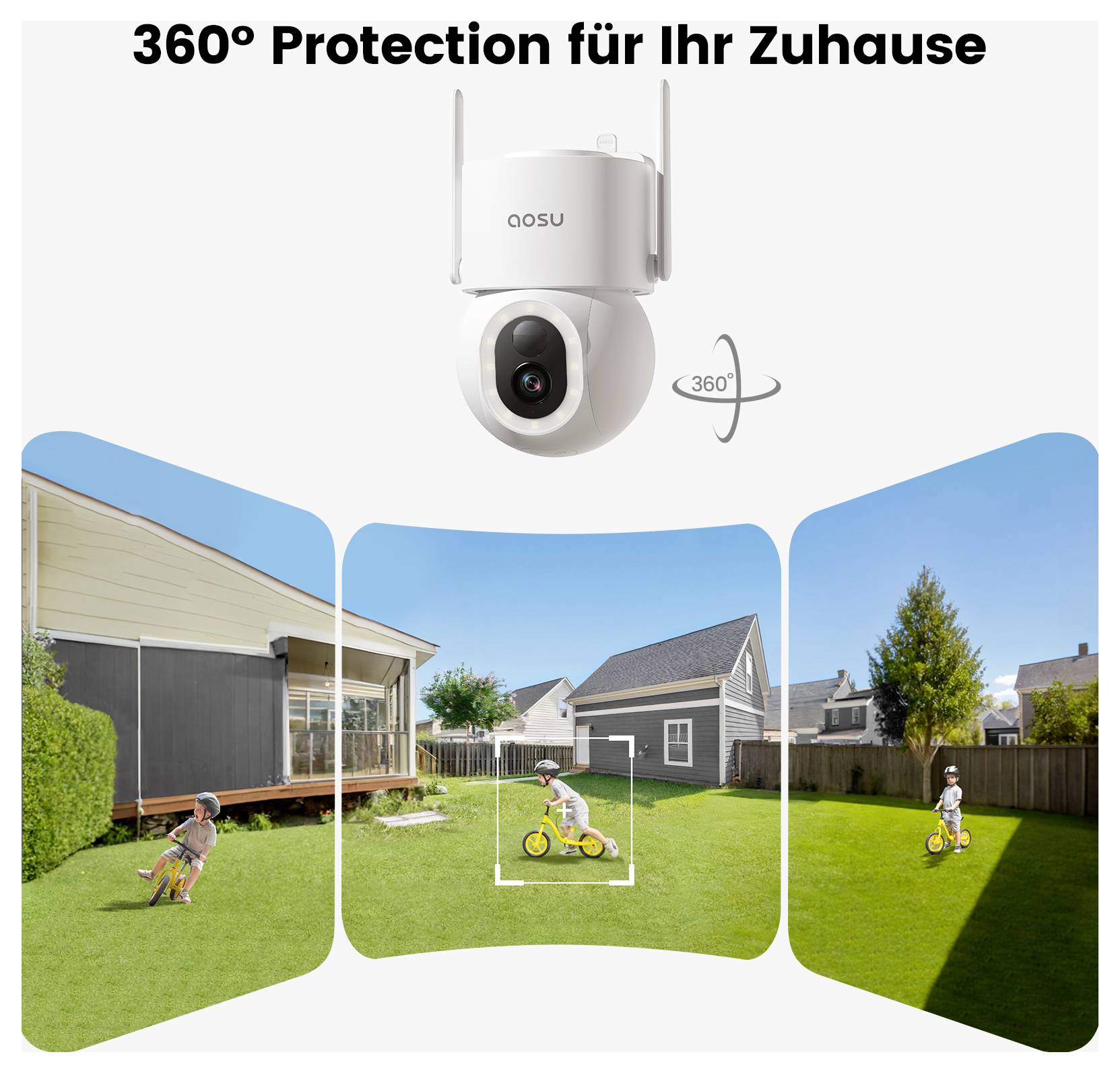 Aosu 360 fokos otthoni biztonsági kamera mozgásérzékeléssel, amely egy gyereket rögzít, amint biciklizik a hátsó kertben. Szöveg: 360° védelem az otthonának.