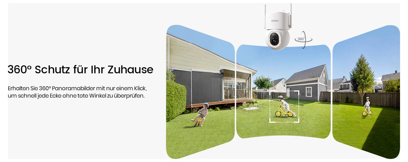 Egy biztonsági kamera '360°-os védelmet nyújt otthona számára' panoráma kilátással a hátsó udvarról, amely bemutatja a játszó gyerekeket és a ház környezetét.