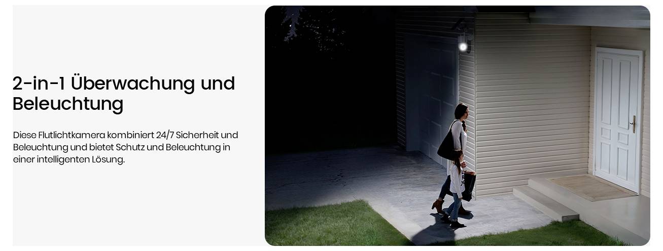 Egy személy lépcsőn felfelé megy egy ház felé éjszaka, amelynek bejárata fölött erős kültéri fény világít. A szöveg: "2 az 1-ben felügyelet és világítás".