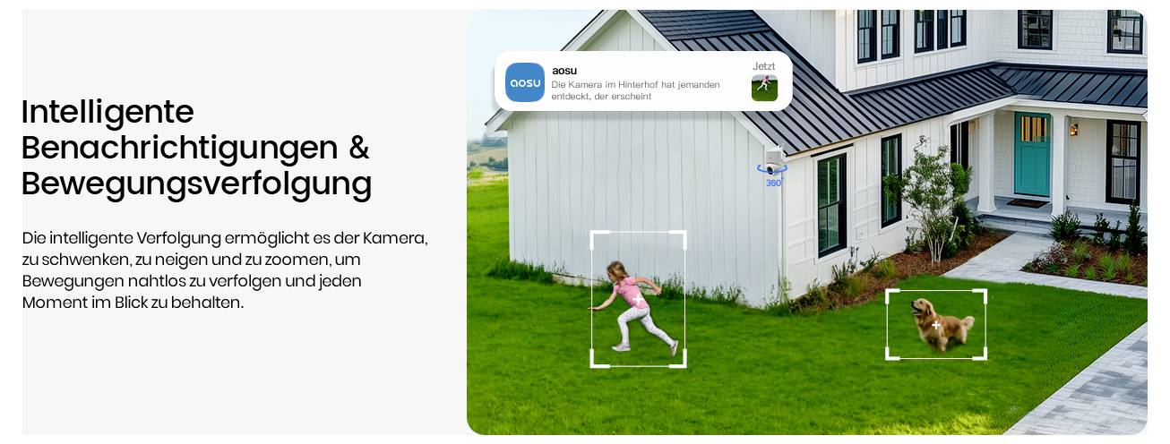 "Intelligens értesítések és mozgáskövetés" funkció biztonsági kamerán. A képen egy lány és egy kutya látható, amint a ház környékén mozognak.