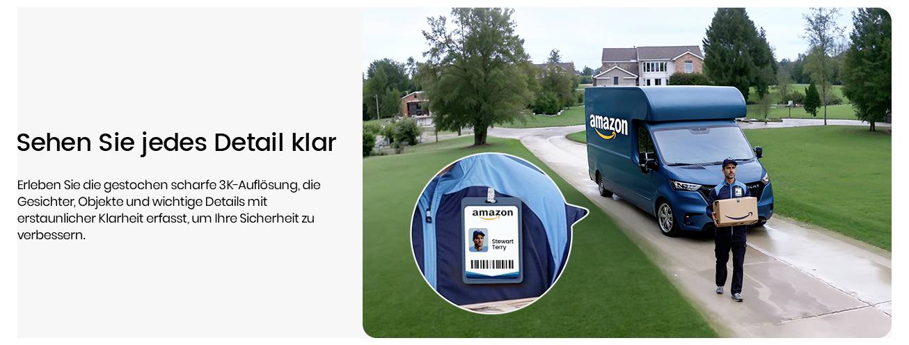 A kézbesítő egy csomag tartva egy lakóövezet előtt áll. Egy betétképen a jelvénye közeli részlete látható, amely hangsúlyozza a részletek éles megjelenítését.