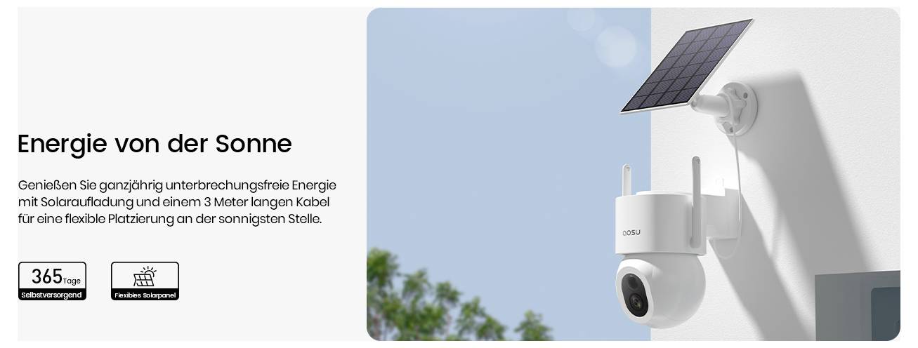 Egy napelemes biztonsági kamera egy falon, amelynek kis napelemtáblája van a tetején. A szöveg németül a folyamatos energiaellátásról és rugalmasságról értekezik.