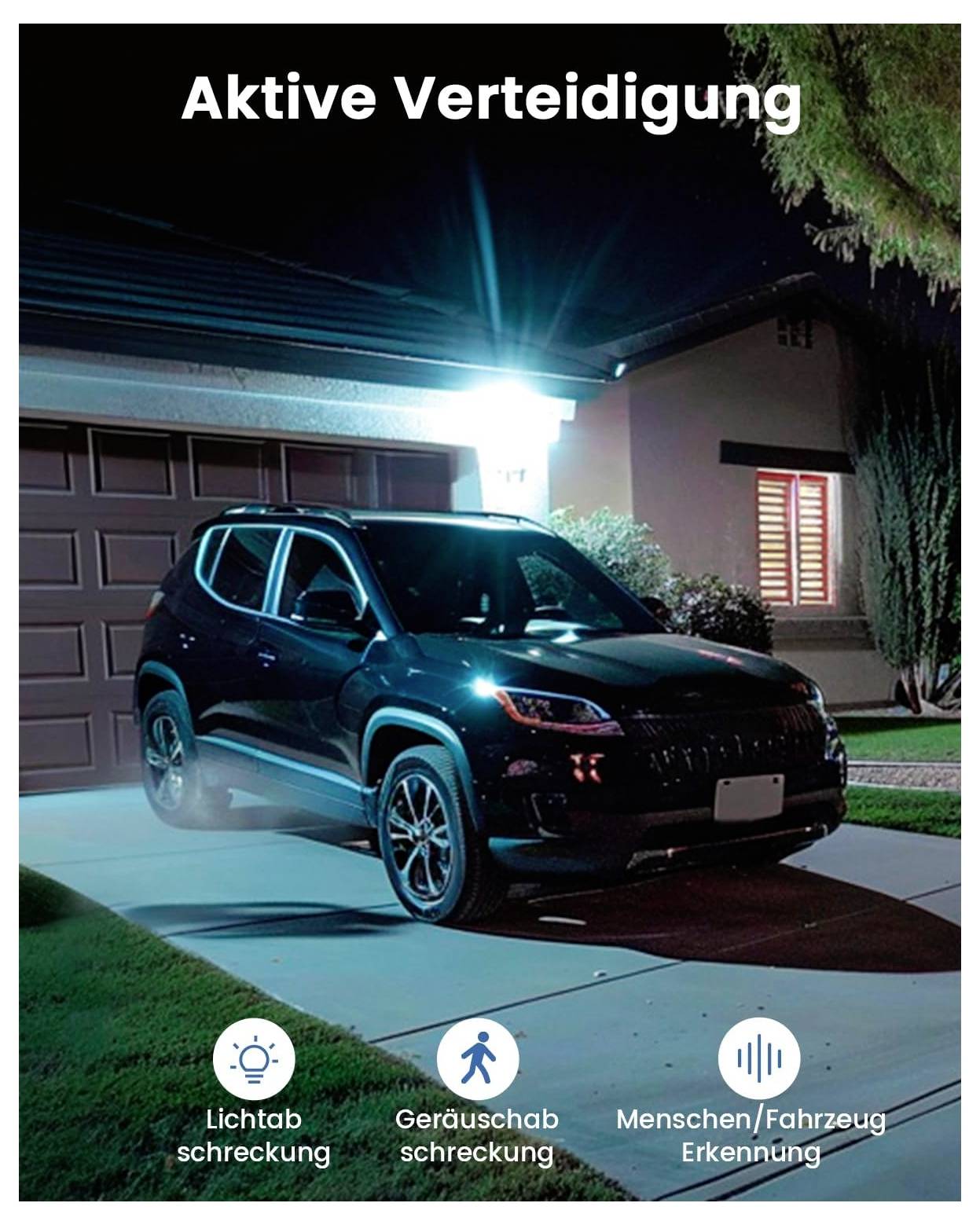 Egy parkoló autó egy felhajtón éjszaka, erős kültéri világítással megvilágítva. A német szöveg a következő jellemzőket említi: fényes riasztás, hangos riasztás, valamint ember- és járműérzékelés.