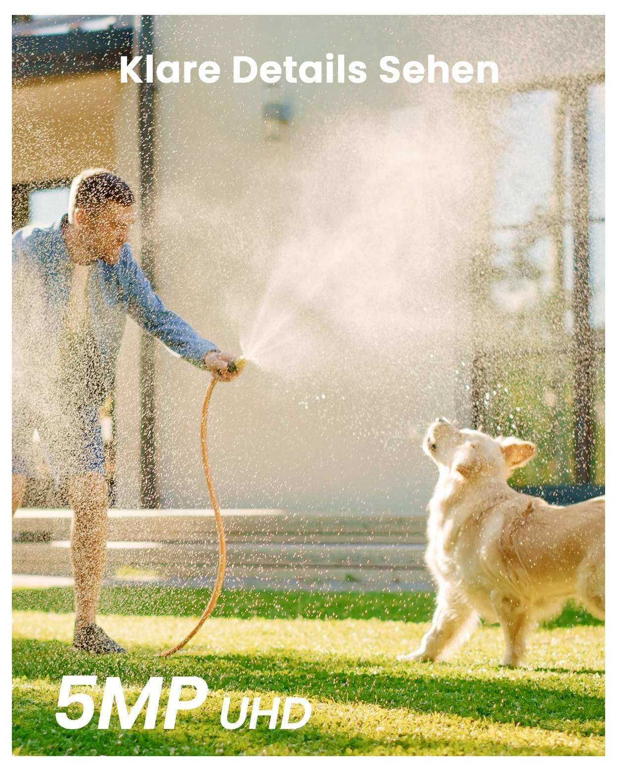'Egy ember vizet permetez egy kerti locsolótömlővel egy kutya felé kint, amelyen a "Klare Details Sehen" és az "5MP UHD" szöveg látható.'