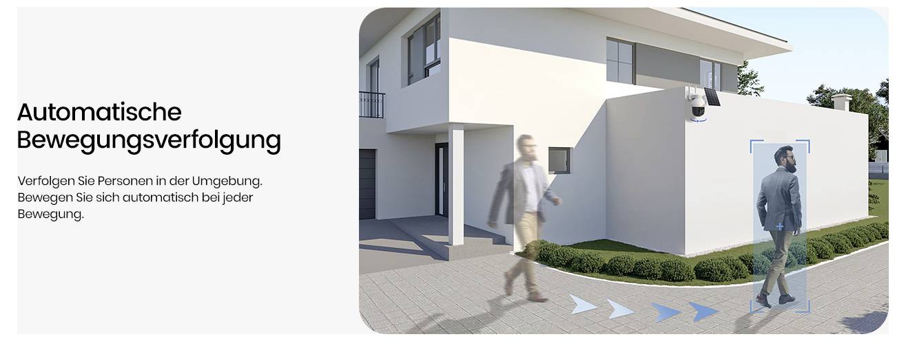 Egy személy, aki egy modern épület előtt sétál, nyilakkal és egy kék fókuszdobozzal, amely a mozgáskövetést jelzi. Szöveg: 'Automatikus mozgáskövetés'.