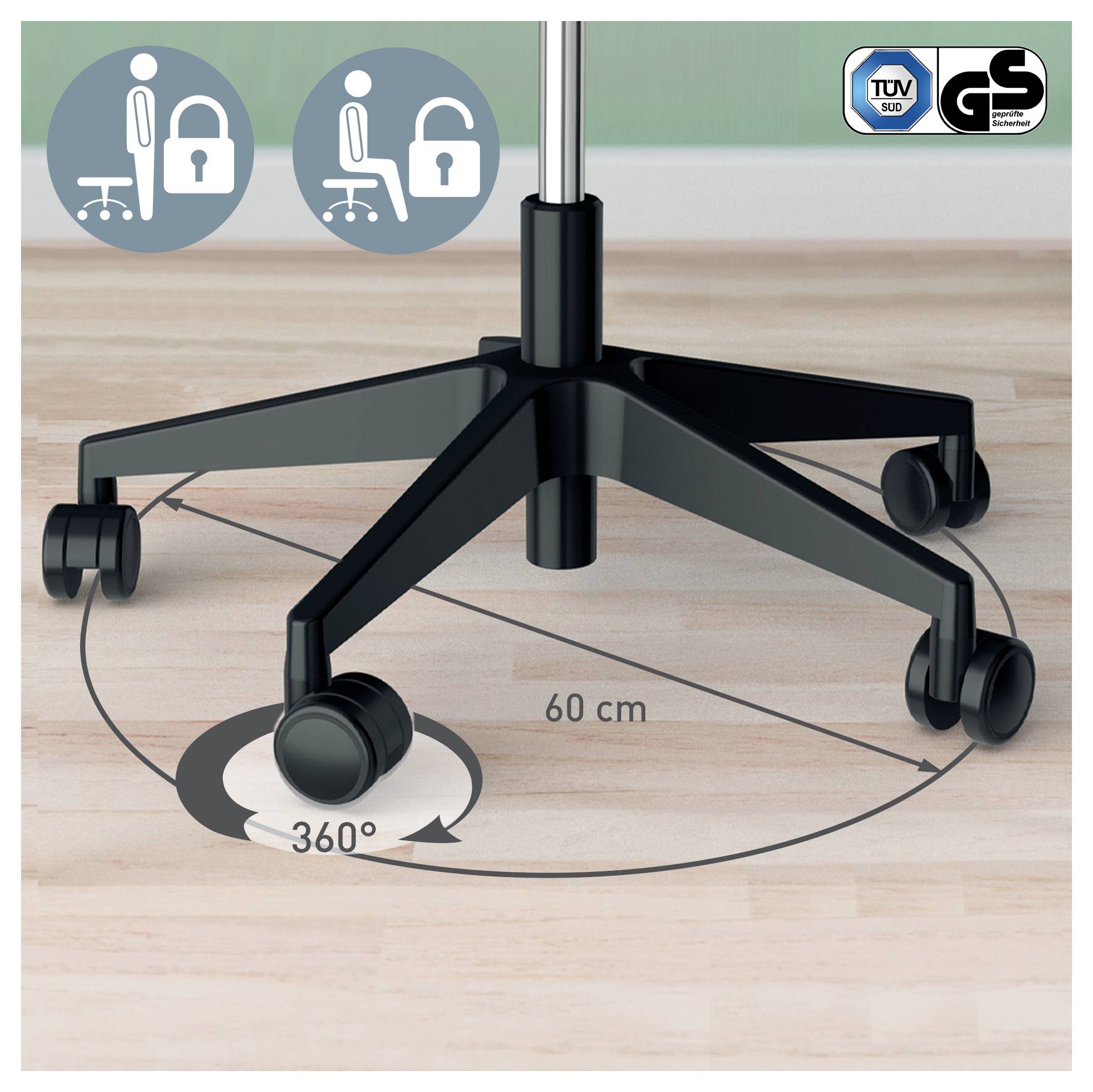 Öt görgős széktalp, 360 fokos forgásképességgel és 60 cm átmérővel. Tanúsítvány logók a sarokban.