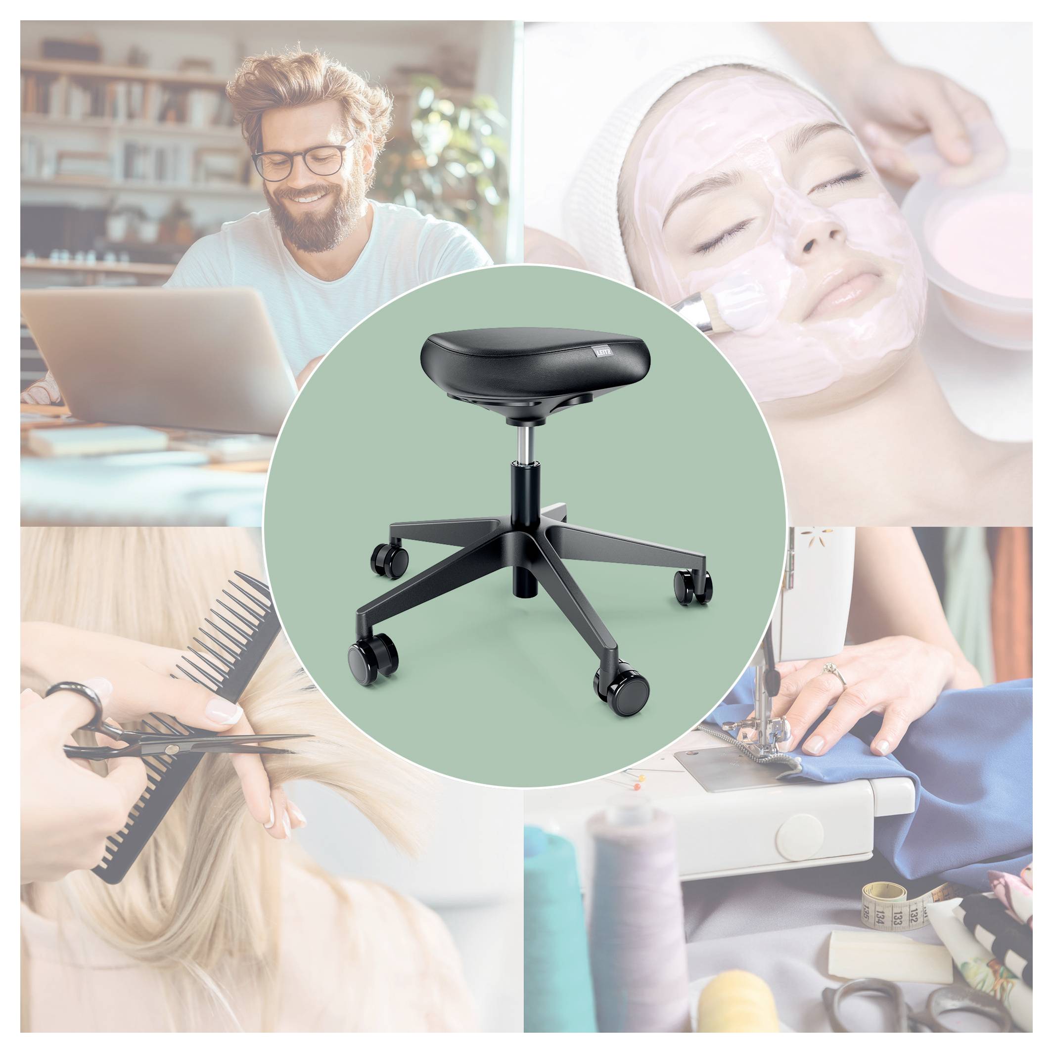 'Kerekekkel ellátott körkörös forgószék, képek között középen elhelyezve: férfi laptopot használ, személy arctisztító kezelésen vesz részt, hajvágás folyamatban, varrási tevékenység.'