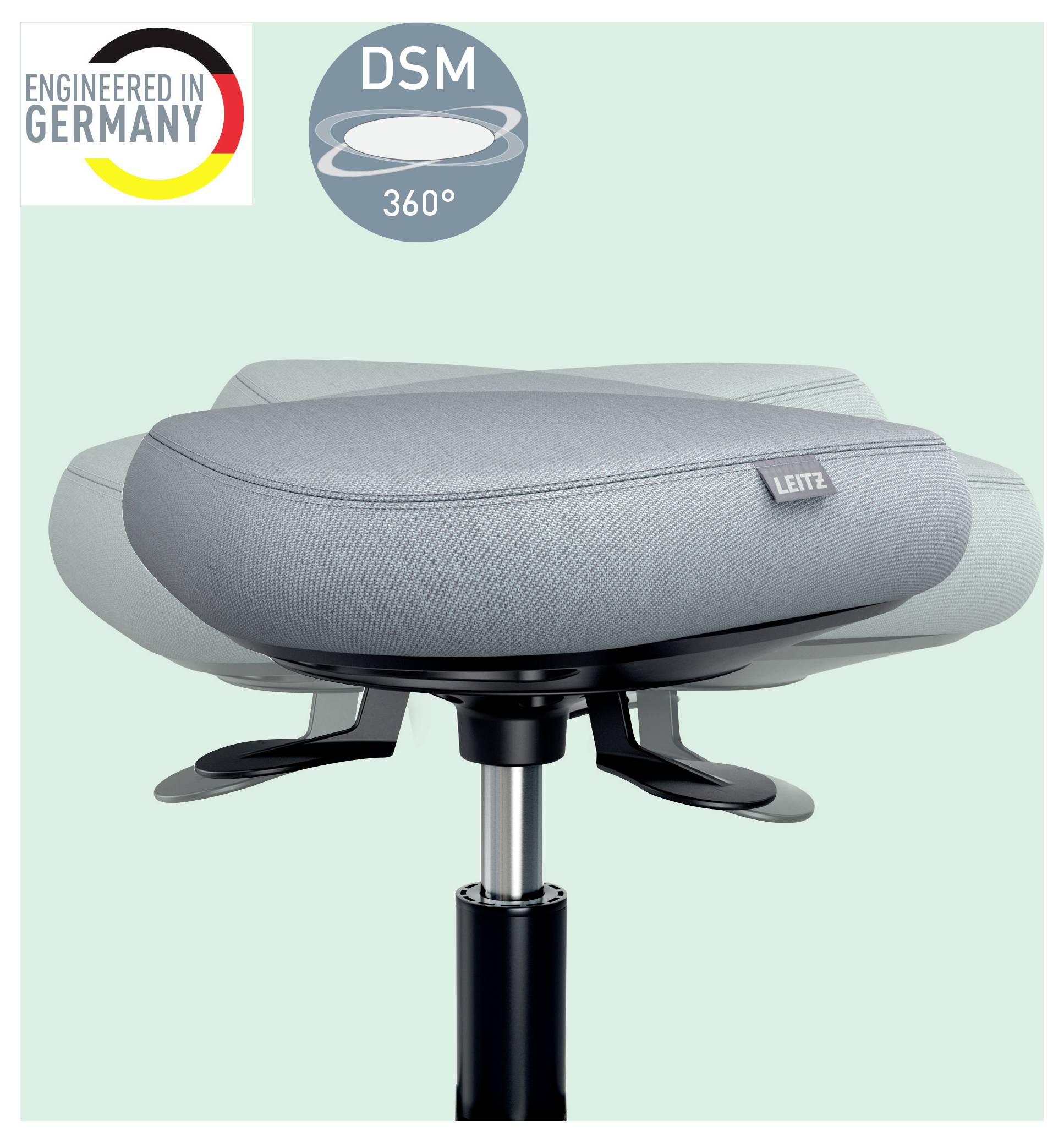 Egy Leitz márkájú ergonomikus szék, amelyen a 'Németországban tervezve' felirat és a 'DSM 360°' szimbólum szerepel, kiemelve design-ját és forgató funkcióját.