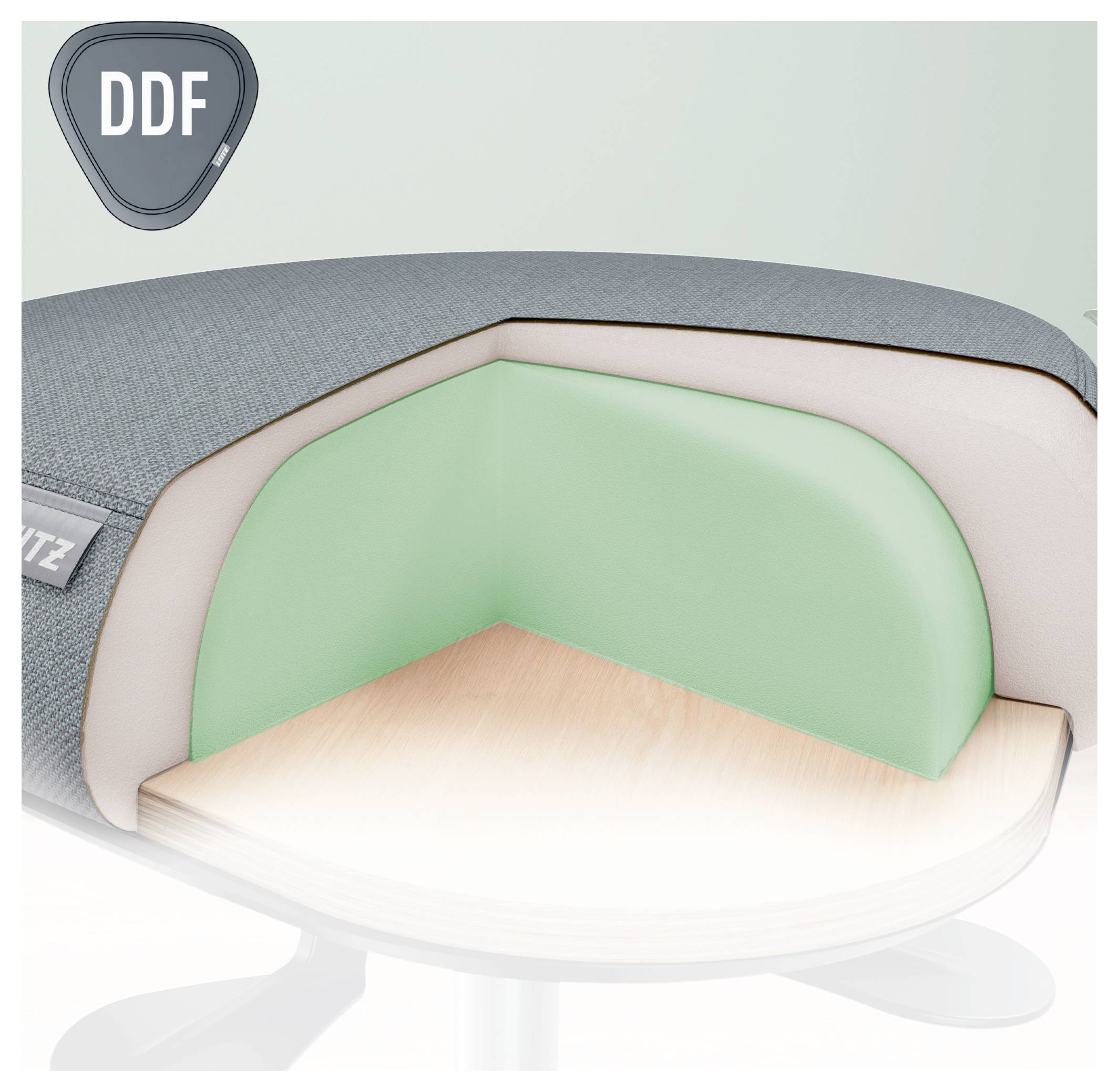 Modern, párnázott szék hosszmetszete; könnyű zöld habszivacs belsővel, világos fa alapzattal, szürke kárpitozással, DDF logóval.