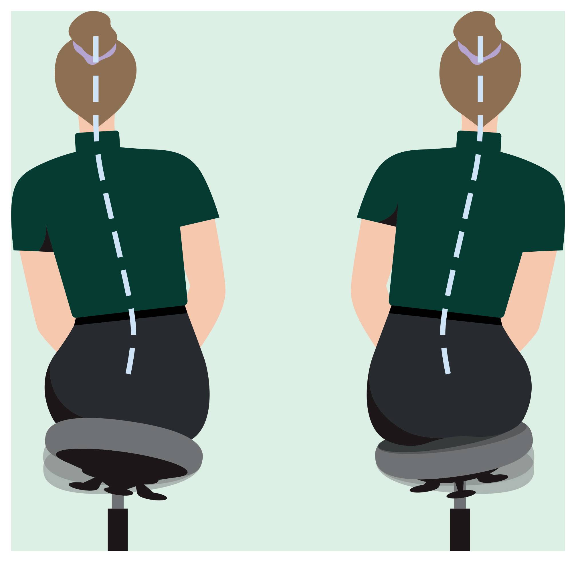 Két illusztráció egy személyről, aki székben ül. A bal oldali ábra helytelen testtartást mutat görbe gerinccel, a jobb oldali ábra helyes testtartást ábrázol egyenes gerinccel.