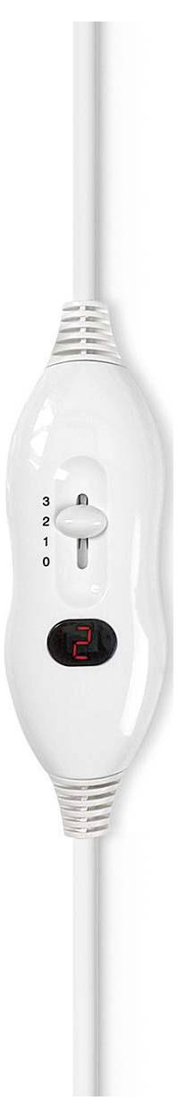 Egy fehér, csúsztatható és digitális kijelzővel rendelkező kézi eszköz a '2' számot mutatja. Mindkét végén zsinór van.