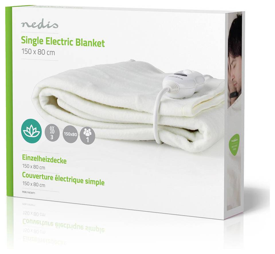Doboz egyetlen elektromos takaróval, 150 x 80 cm. Jellemzői közé tartozik a három hőfokozat és a levehető vezérlőegység.
