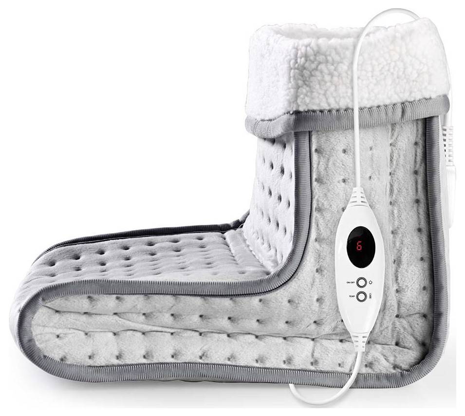 Szürke lábmelegítő csizma fehér szőrmebéléssel és hőszint-szabályzó kapcsolóval, amely kialakítása révén kényelmet és melegséget biztosít.