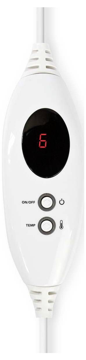 Egy fehér elektronikus vezérlő digitális kijelzővel, amelyen a '6' szám látható, és két gomb, amelyeken az 'Be/Ki' és a 'Hőm.' felirat szerepel.