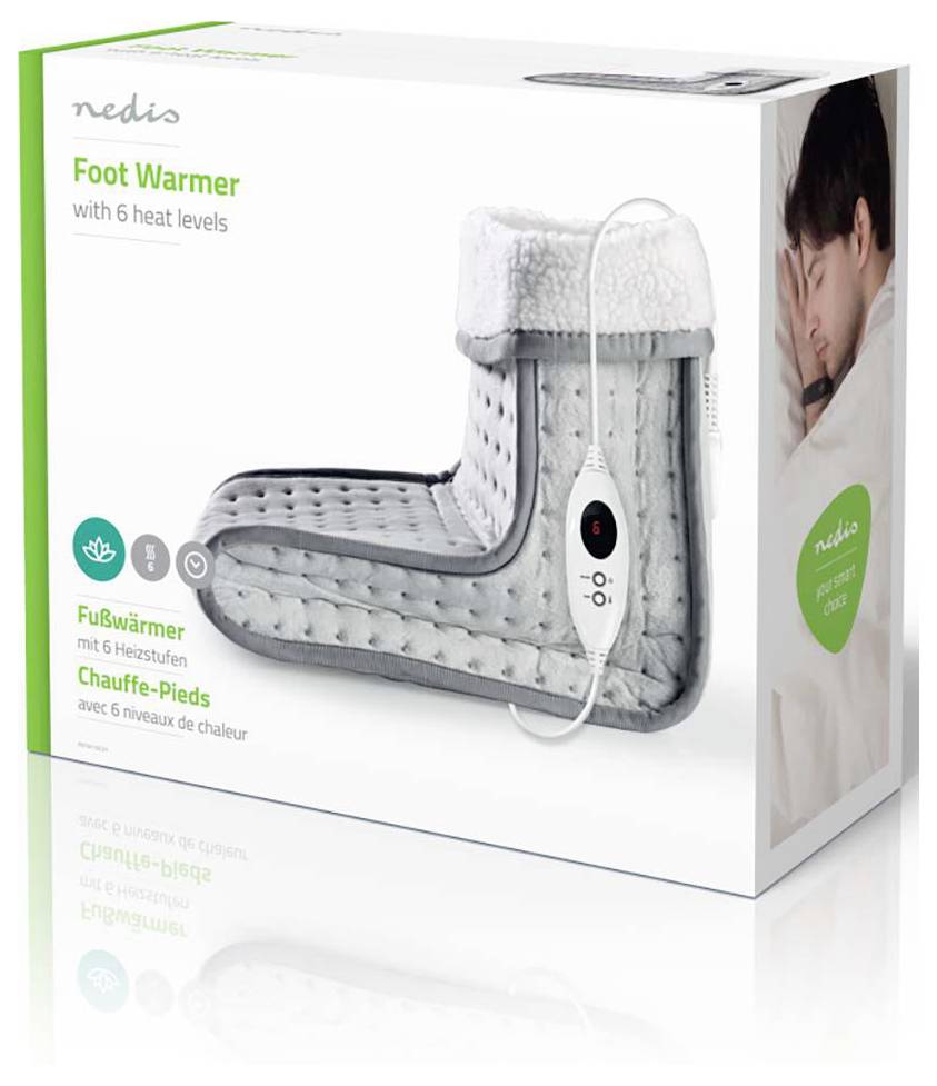 A doboz egy lábmelegítőt mutat hat hőszinttel. A kép egy szürke lábmelegítőt, egy vezérlőeszközt és egy pihenő személyt ábrázol.