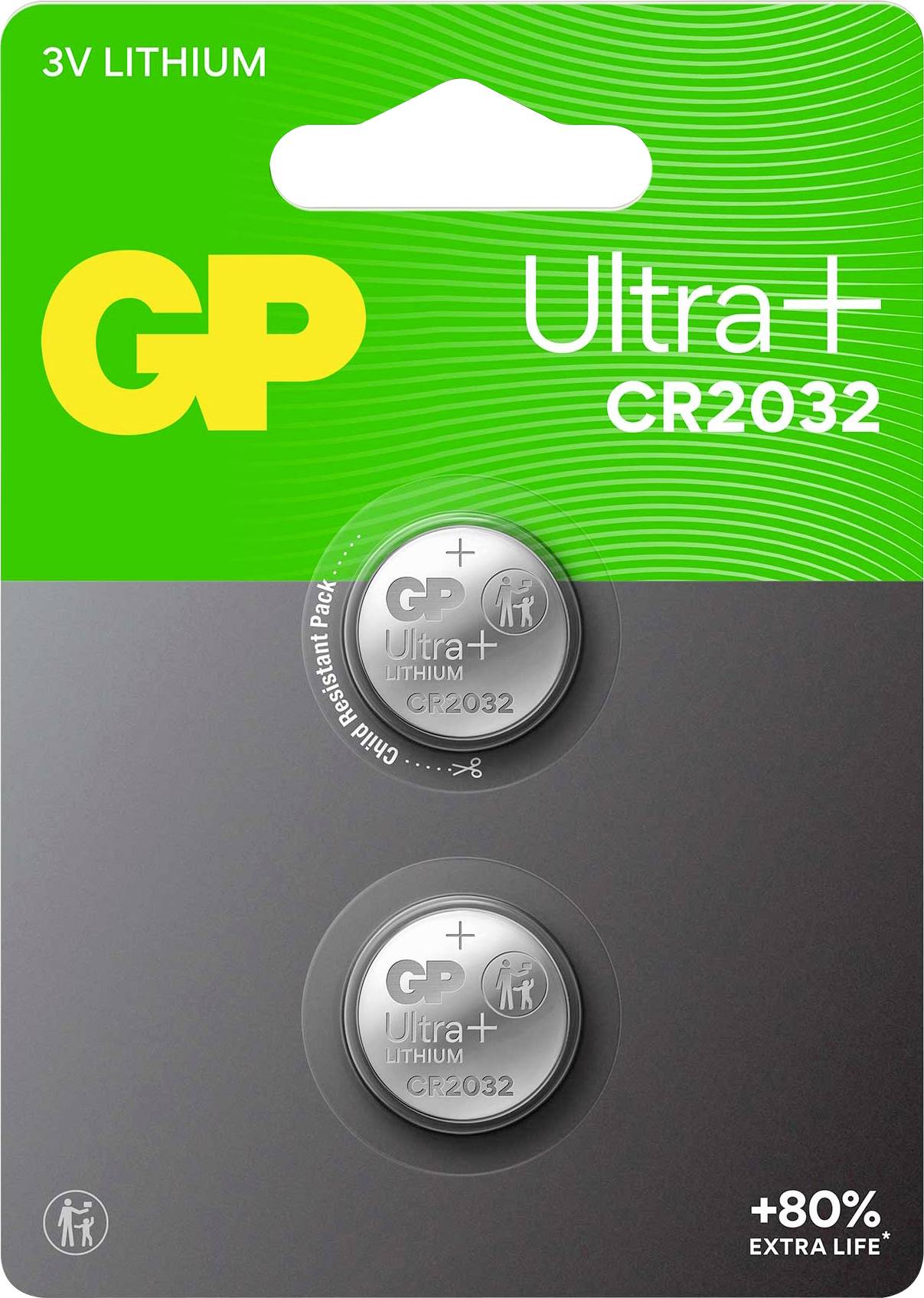 GP Gombelem CR 2032 3 V 2 db 220 mAh Li-MnO2 GP Ultra Plus Batterie Lithium Knopfzelle CR2032 2 Stück-0