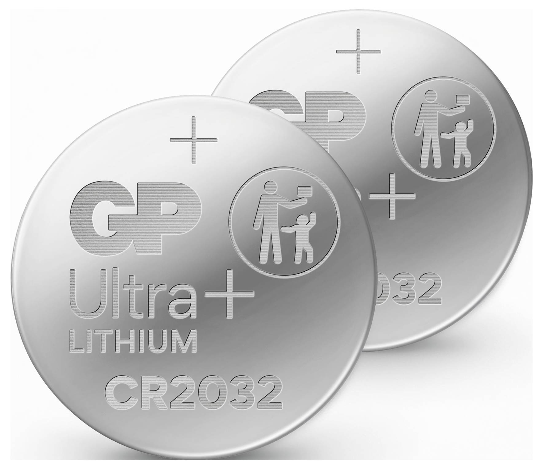 Két ezüst CR2032 típusú lítium gombelem, "GP Ultra+" felirattal és egy biztonsági ikonnal, amely egy gyermeket és egy felnőttet ábrázol.