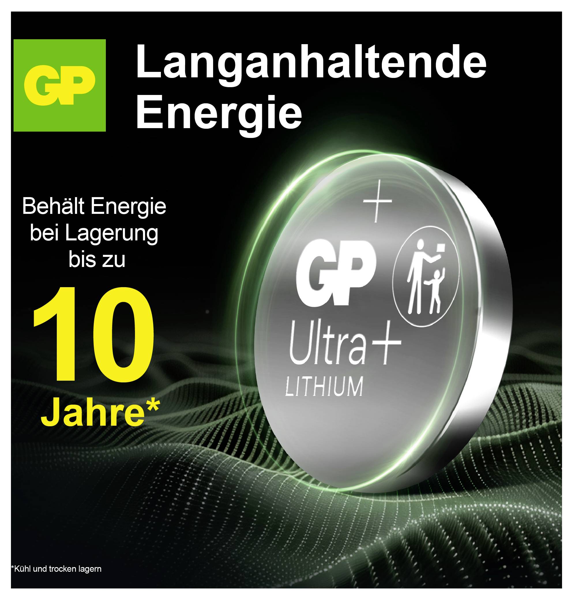 GP Ultra+ Lítium reklámja: "Hosszantartó energia", megőrzi az energiát tároláskor akár 10 évig; ábrázolja az akkumulátorcellát és a GP logót.