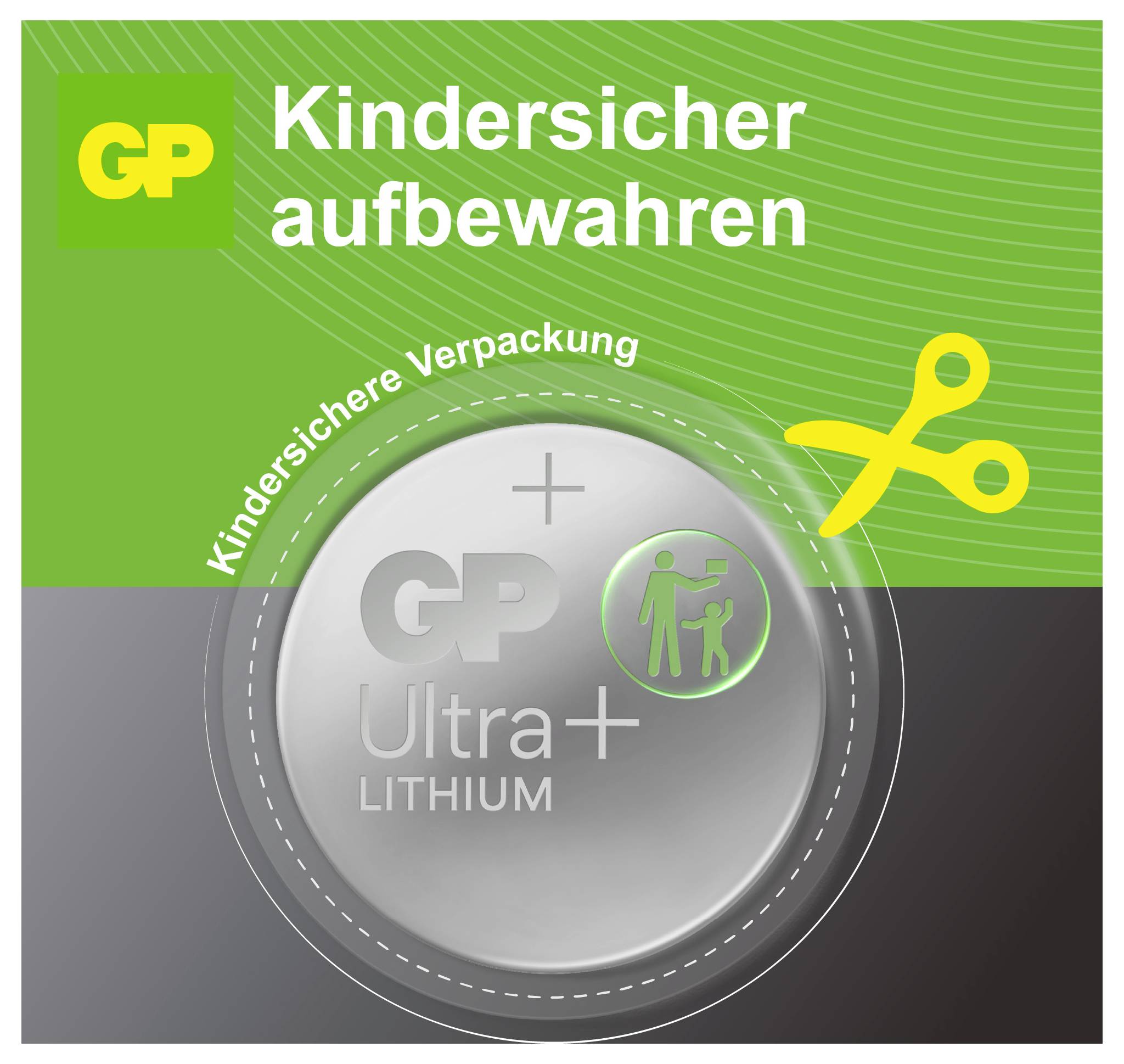 Elemcsomagolás a "Gyermekbiztos tárolás" figyelmeztetéssel és olló szimbólummal; a GP Ultra+ lítium gombelem-cellát mutatja.