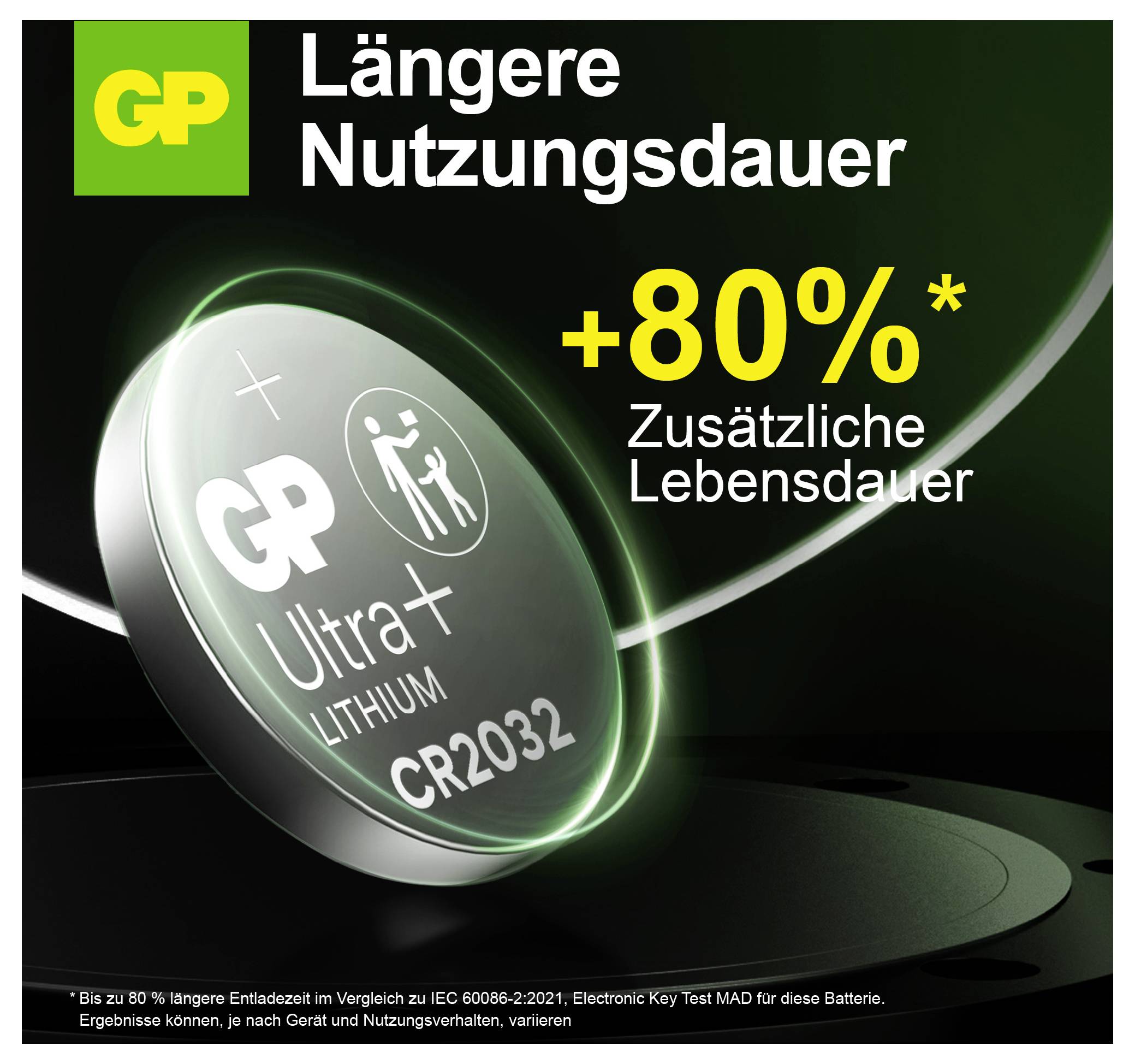 GP Ultra+ Lítium-CR2032 Elem Hirdetése<br><br>GP Ultra+ Lítium-CR2032 Elem<br><br>Hosszabb Használati Idő<br><br>+80% További Élettartam