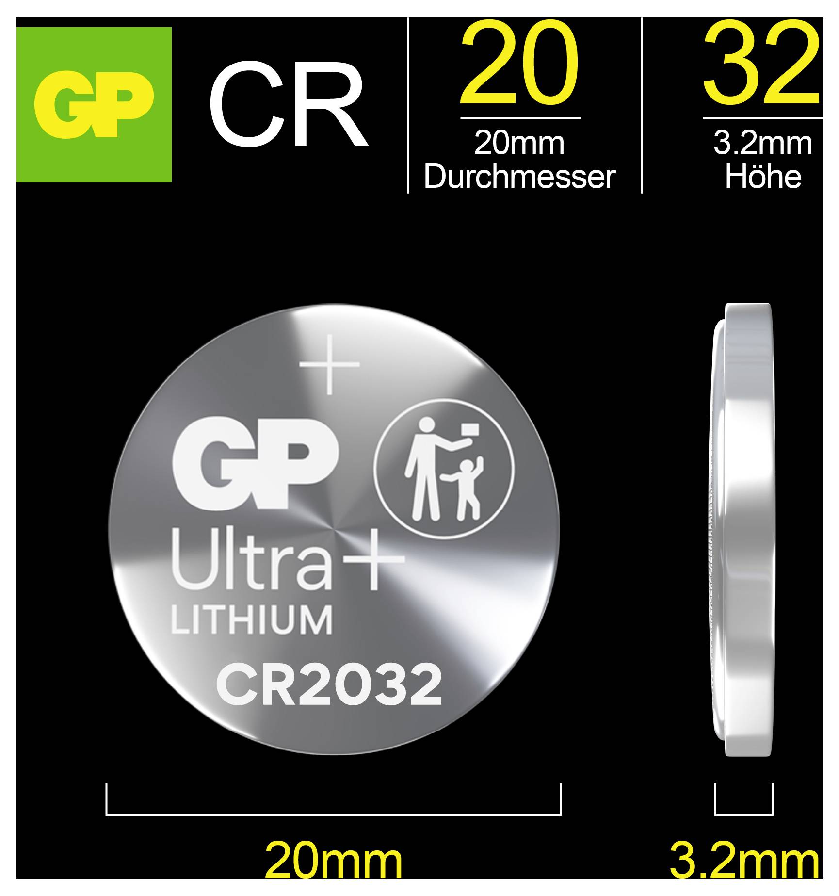 Egy GP Ultra+ Lítium gombelem CR2032 terméképe, 20 mm átmérővel és 3,2 mm magassággal, márkalogóval és apa-gyermek szimbólummal.