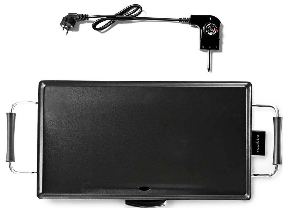 Elektromos serpenyő fekete tapadásmentes főzőfelülettel, dupla oldalfogantyúval és leválasztható hőmérséklet-szabályzó kábellel.